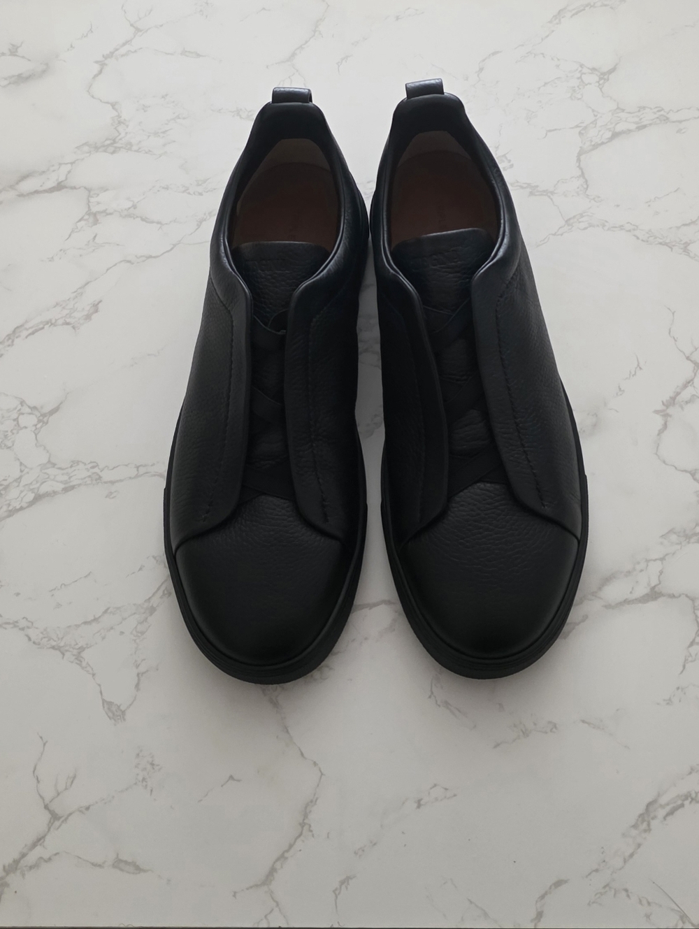 ZEGNA Triple Stitch Black Leather Low Top Sneakers  sz 14